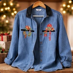 Victoria Jones 100% Cotton Christmas Denim Shirt Womens Sz 20